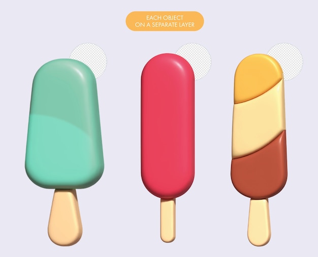 Zestaw lodów Słodka letnia przysmak z różnymi smakami Czekolada popsicle 3D food clipart