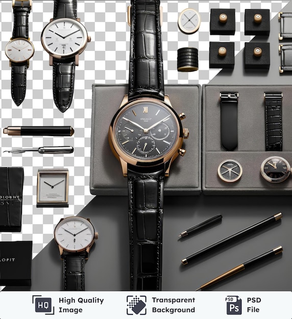 PSD zestaw luksusowych zegarków wyświetlany na czarno-białej ścianie z różnorodnymi zegarkami, w tym czarnym zegarkiem, białym i czarnym, czarnym i srebrnym i