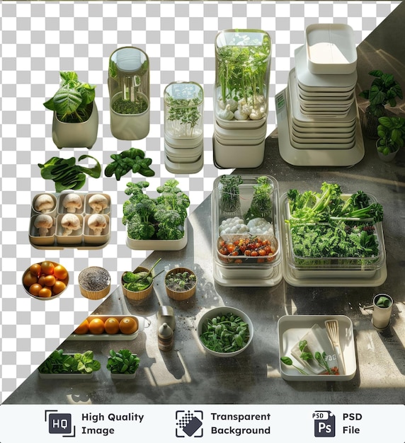 PSD zestaw ogrodów hydroponicznych z różnorodnymi roślinami i pojemnikami, w tym rośliną w garnku, białym garnkiem i zieloną miską ułożoną na szarym stole z