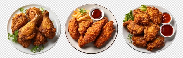 PSD zestaw portretów smażonego mięsa kurczaka podawanych na talerzu chrupkiego menu kurczaka