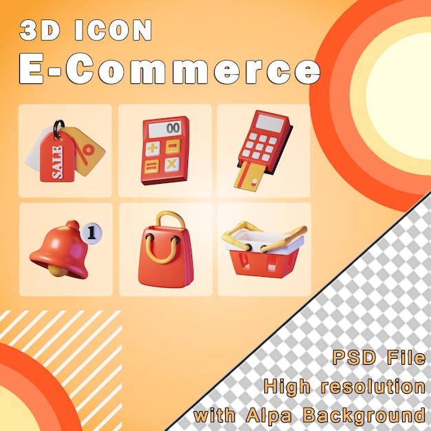 Zestaw przedmiotów ECommersce Izolowany na przezroczystej tle ilustracja 3D Wysoka rozdzielczość