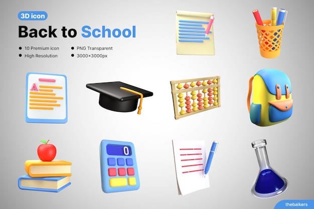 Zestaw realistycznych ikon Back to School 3d do celów edukacyjnych