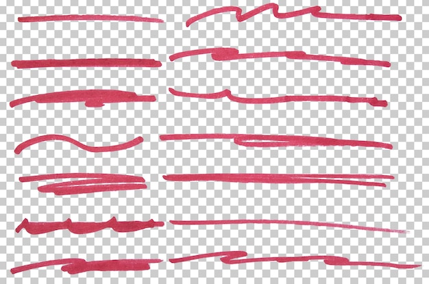 Zestaw ręcznie narysowanych czerwonych markerów, linii, elementów projektowania, grunge, pociągów, kreskówek, linii, podkreślenia, rysunków