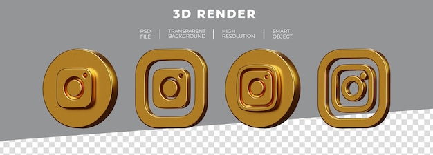 PSD zestaw renderowania 3d złote logo instagram na białym tle