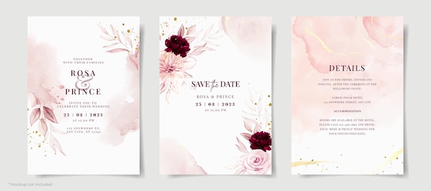 PSD zestaw szablonu zaproszenia ślubne akwarela z różową i bordową dekoracją kwiatową i liści