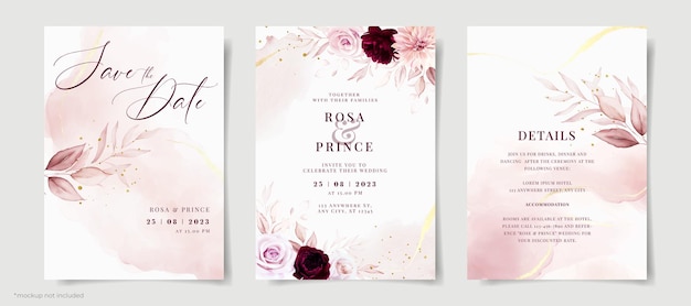PSD zestaw szablonu zaproszenia ślubne akwarela z różową i bordową dekoracją kwiatową i liści