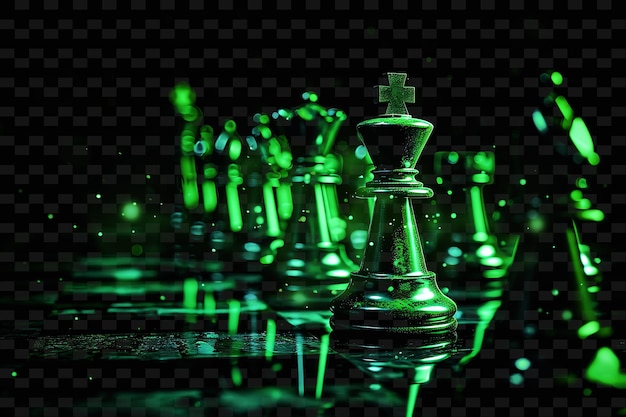 PSD zestaw szachowy z zielonym szkłem i figurkami szachowymi na czarnym tle