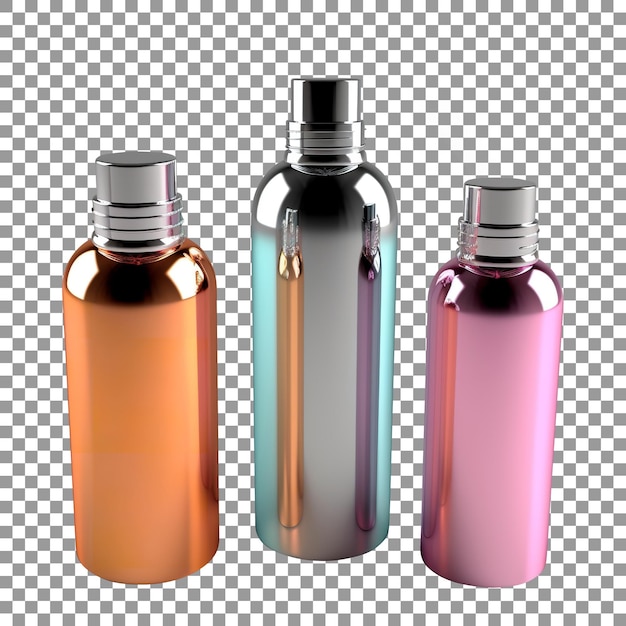 PSD zestaw trzech butelek w różnych kolorach na przezroczystym tle