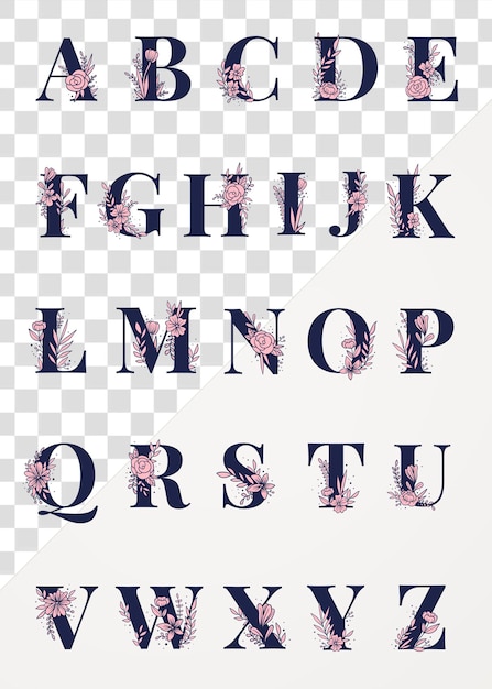 Zestaw typografii png z alfabetową czcionką kwiatową