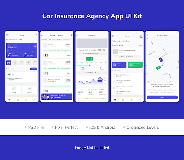 PSD zestaw ui aplikacji agencji ubezpieczeń samochodowych