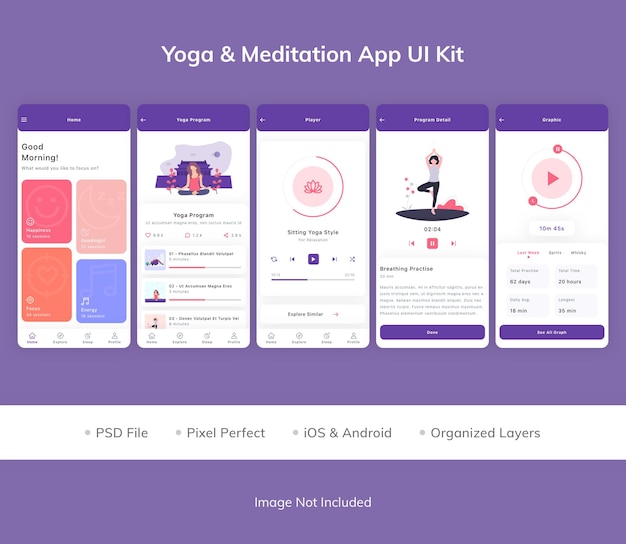 PSD zestaw ui aplikacji do jogi i medytacji