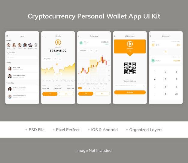 Zestaw UI aplikacji do osobistego portfela kryptowalut