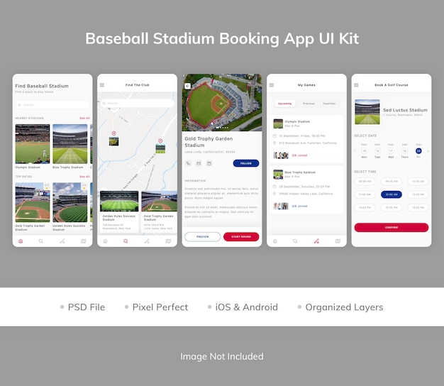 PSD zestaw ui aplikacji do rezerwacji stadionu baseballowego