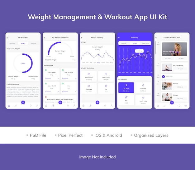 Zestaw UI aplikacji do zarządzania wagą i treningu