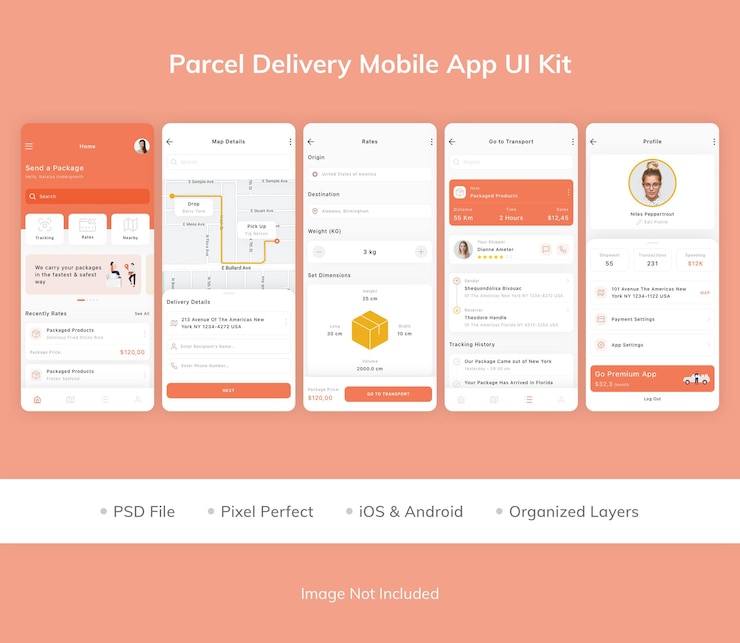 PSD zestaw ui aplikacji mobilnej do dostarczania paczek