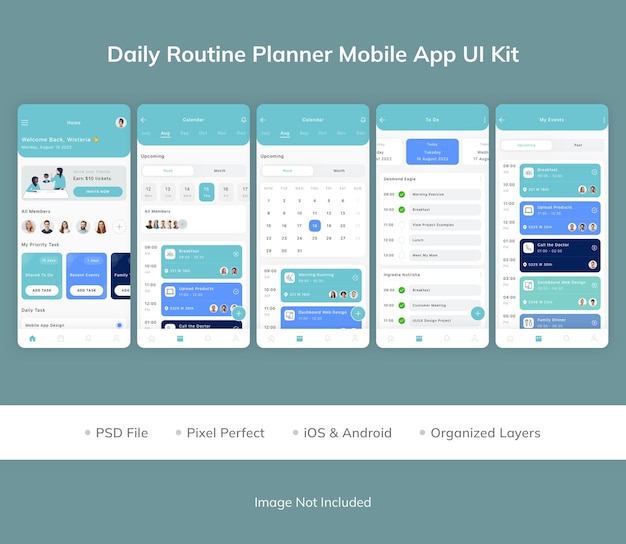 Zestaw UI aplikacji mobilnej do rutynowego planowania dnia