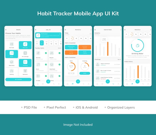 PSD zestaw ui aplikacji mobilnej do śledzenia nawyków