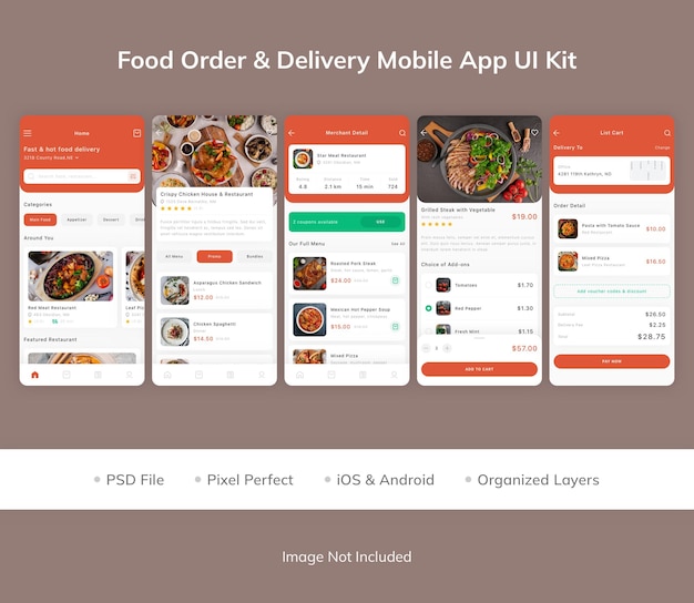 PSD zestaw ui aplikacji mobilnej z dostawą jedzenia