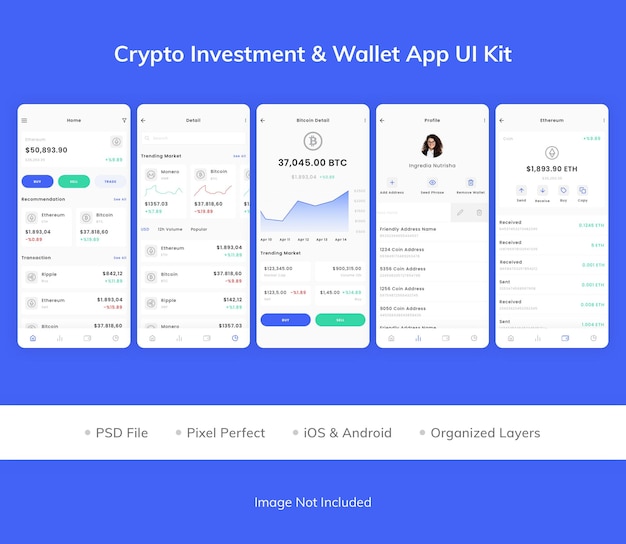 Zestaw UI aplikacji portfela inwestycyjnego Crypto