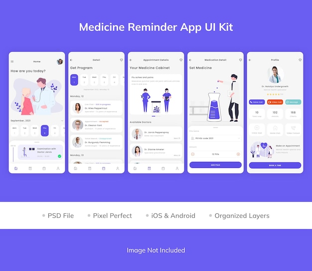 PSD zestaw ui aplikacji przypominającej o medycynie