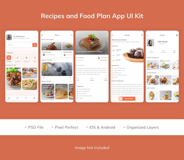 PSD zestaw ui aplikacji z przepisami i planem żywności