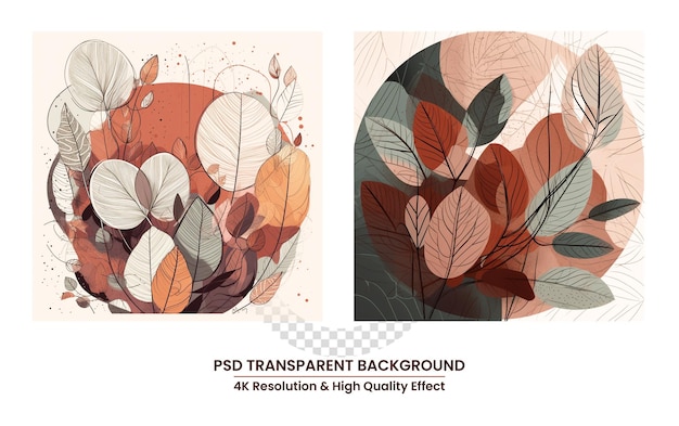 PSD zestaw wektorów botanicznych na ścianę grafika liniowa liści z abstrakcyjnymi kształtami