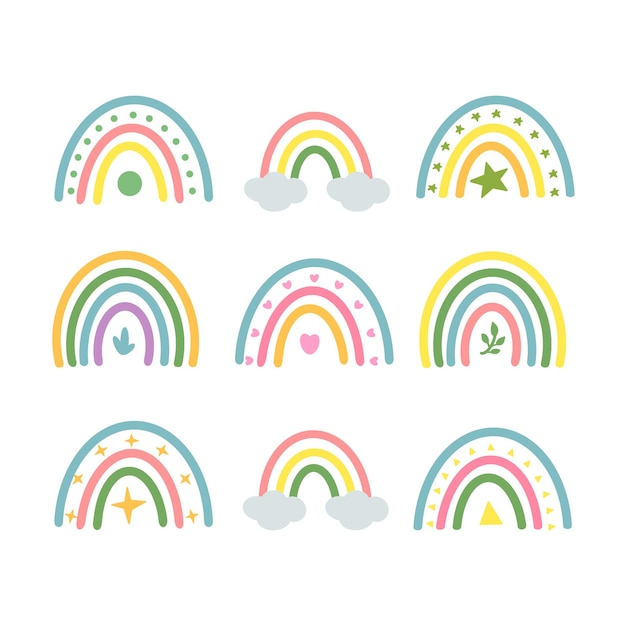 Zestaw wielobarwnych minimalistycznych skandynawskich tęczy w stylu doodle