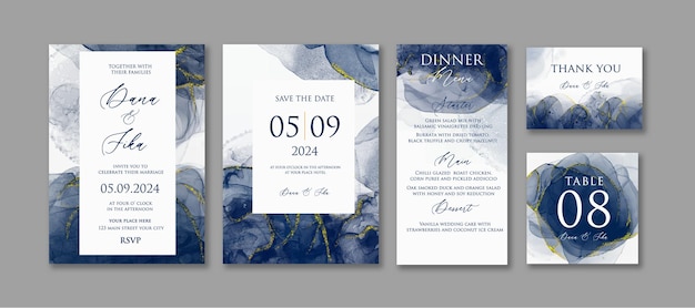 PSD zestaw zaproszeń ślubnych z niebieskim atramentem alkoholowym wektor szablonu tła