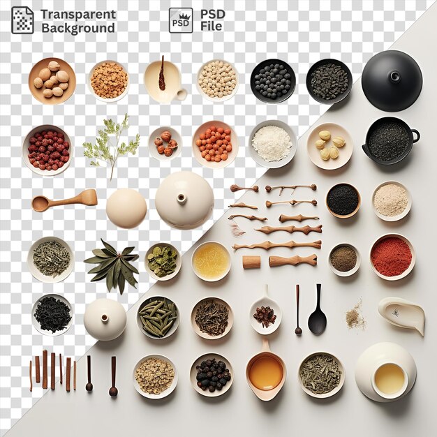 PSD zestaw zbiórki herbaty psd zawierający różnorodne miski i łyżki, w tym białe, brązowe, czarne i małe białe miski, a także brązową i drewnianą łyżkę