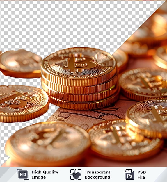 PSD zestaw złotych monet z makietą znaku dolara na stole