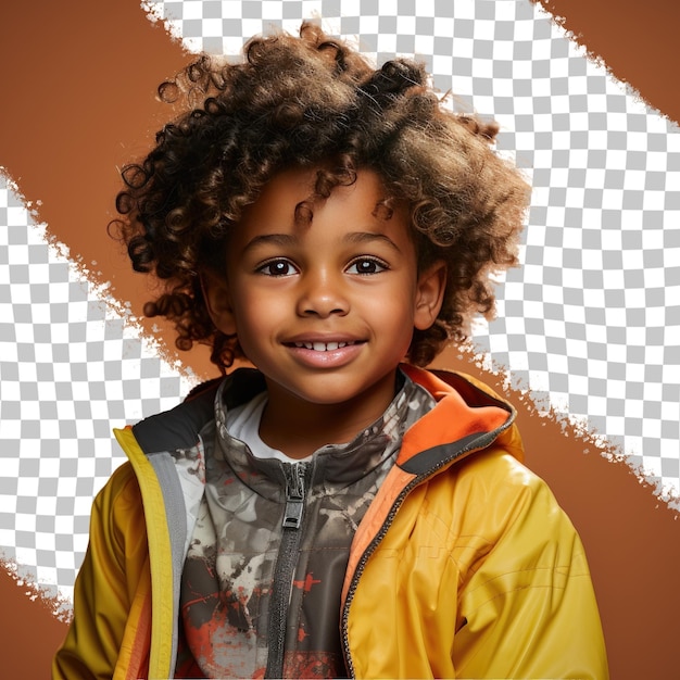 PSD a zestful preschooler boy with wavy hair from the african ethnicity dressed in cycling around town attire poses in a profile with dramatic lighting style against a pastel lemon background