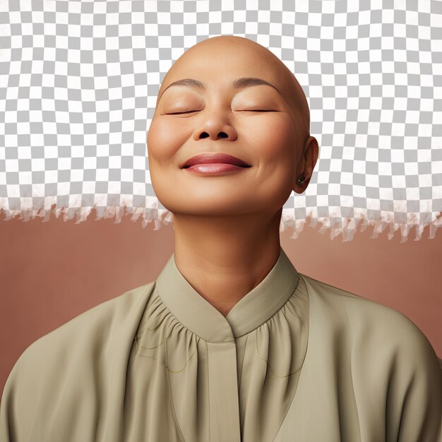 PSD a zestful senior woman with bald hair from the east asian ethnicity dressed in principal attire poses in a eyes closed with a smile style against a pastel beige background