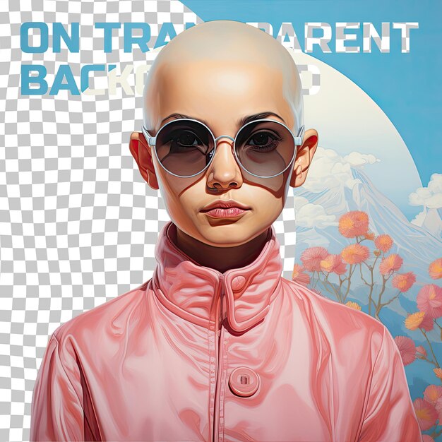 PSD zestful toddler bald asian girl in artist attire focused gaze glasses posando su pastel sky blue