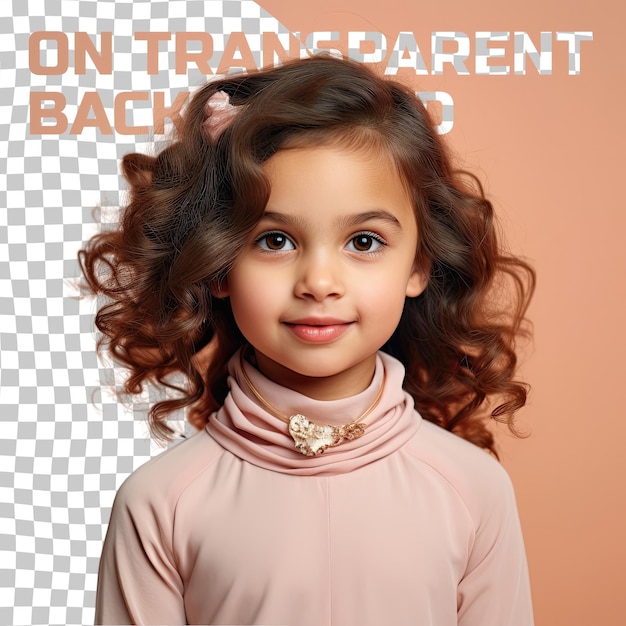 Zestful Wavy Haired Preschooler Elegant Hand on Neck Pose West Asian Ethnicity Pastel Salmon Backdrop