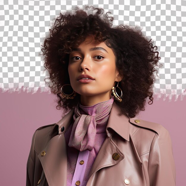 PSD a zestful young adult woman with kinky hair from the pacific islander ethnicity dressed in anthropologist attire poses in a holding collar of jacket style against a pastel mauve background