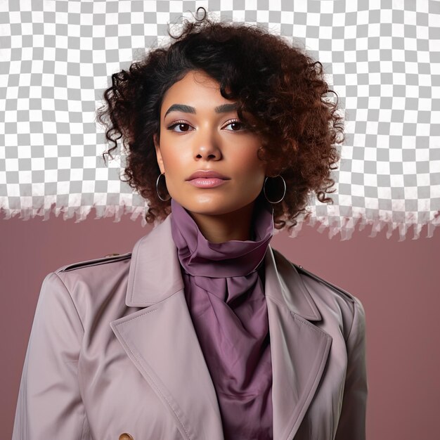 Zestful Young Adult Woman Z Kinky Hair Z Etniczności Pacific Islander Ubrana W Stroje Antropologiczne Pozuje W Stylu Holding Collar Of Jacket Na Tle Pastel Mauve