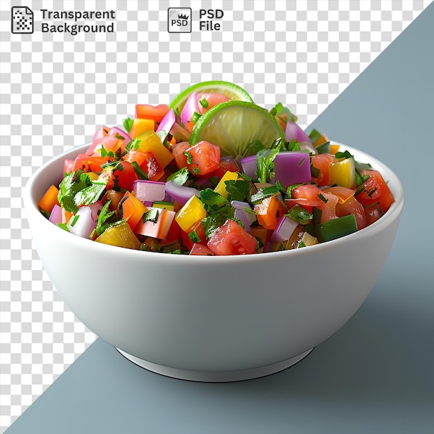 PSD zesty bowl of ceviche topped with sliced red and purple onions served on a transparent background with a dark shadow in the background