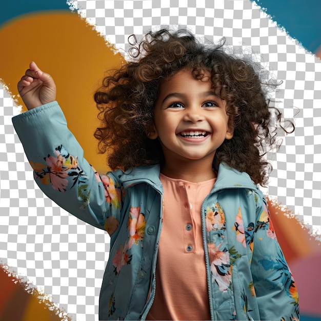 PSD zesty preschooler krullend haar me meisje in digital marketer outfit opvallende pose tegen pastel blauwe achtergrond