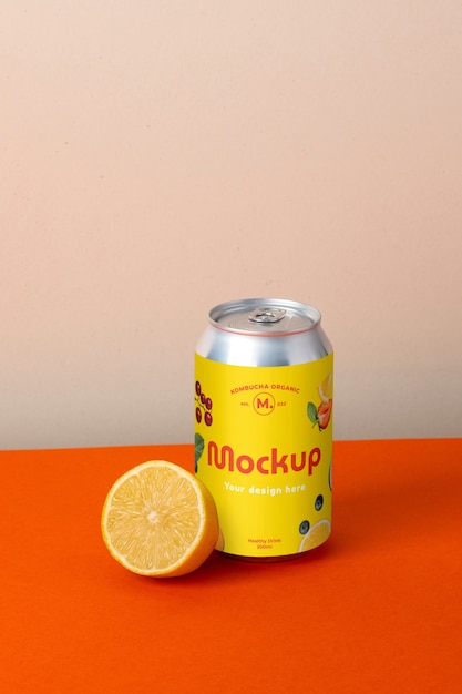 PSD zicht op blikje met mock-up label voor kombutcha-drankje