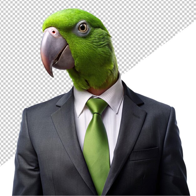 PSD zielona papuga w garniturze biznesowym na przezroczystym tle