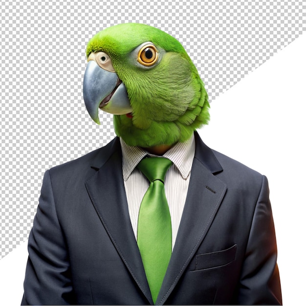 PSD zielona papuga w garniturze biznesowym na przezroczystym tle