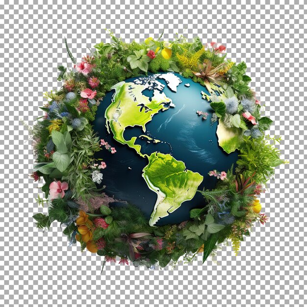 PSD zielona planeta świata z liśćmi i roślinami kształt 3d drzewa lub lasu mapy świata izolowany na białym