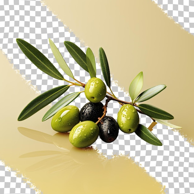 PSD zielone i czarne oliwki na gałązce oliwnej z kroplą deszczu