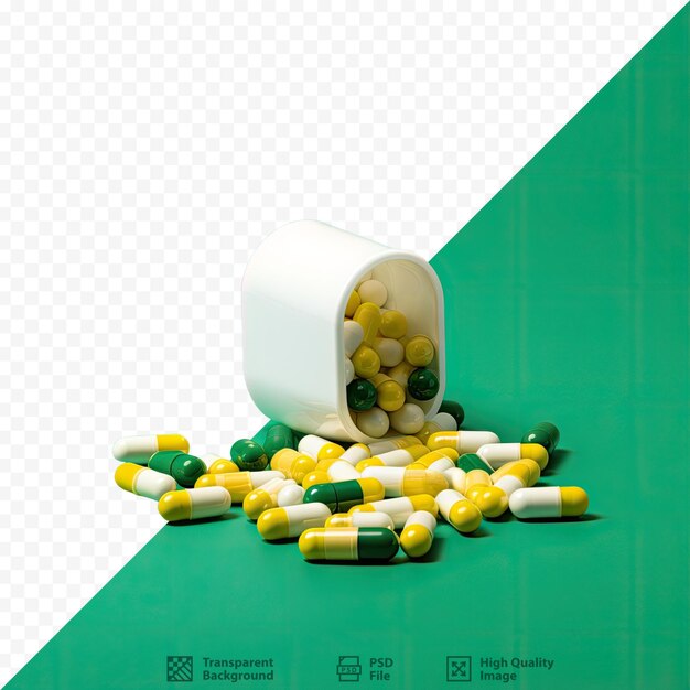 PSD zielone i żółte pigułki wylane z białej butelki reprezentujące przemysł farmaceutyczny i światową opiekę zdrowotną