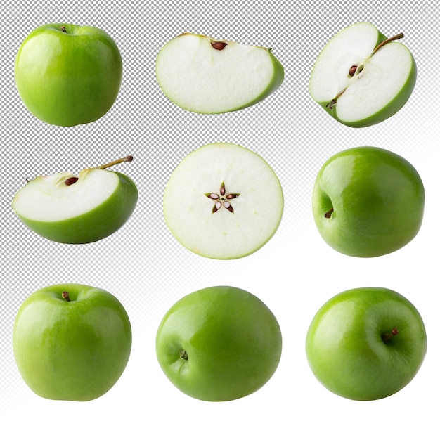 PSD zielone jabłko i pokrojony plasterek z izolowanymi nasionami