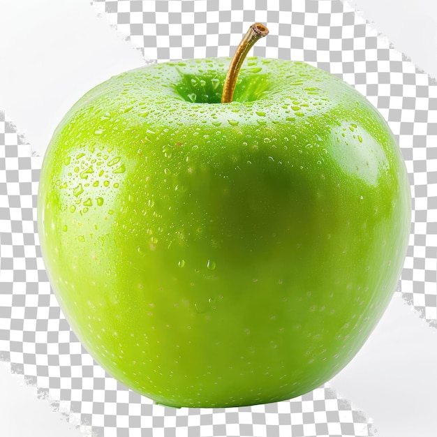 PSD zielone jabłko z kropelami wody na nim i białym tle