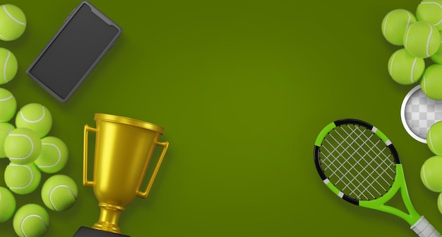 PSD zielone tło z ilustracjami 3d obiektów tenisowych