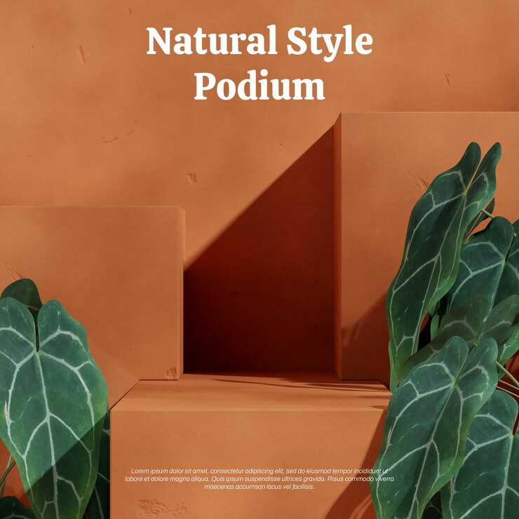 PSD zielony anthurium roślina 3d rendering szablon makiety brązowy teksturowany blok podium w kwadratowym