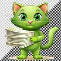 PSD zielony kot z stosem papieru wektorowym na przezroczystym tle