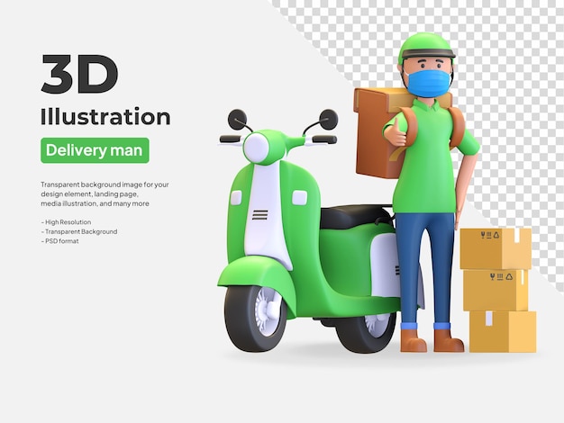 Zielony mundur kurier w kasku i masce jazda na skuterze torba transportowa 3d render ilustracji